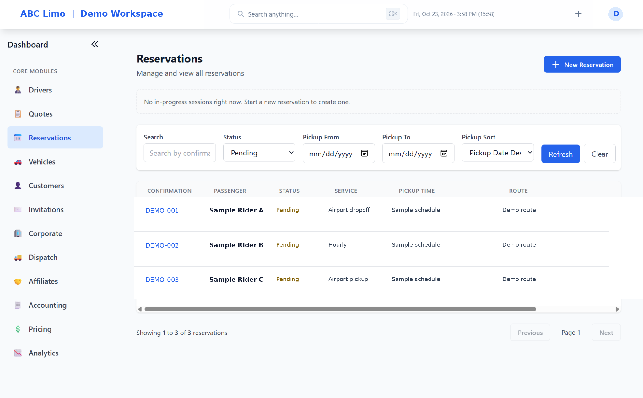 LimoDrop Admin Portal reservations interface for ABC Limo
