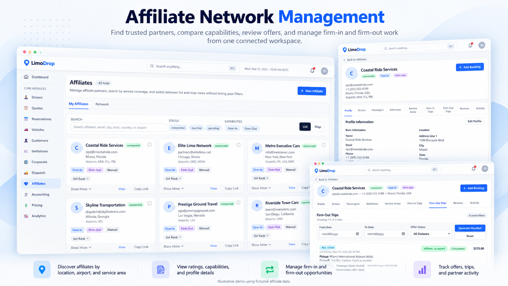 Illustrative LimoDrop Affiliate Network Management workspace with fictional ABC Limo data