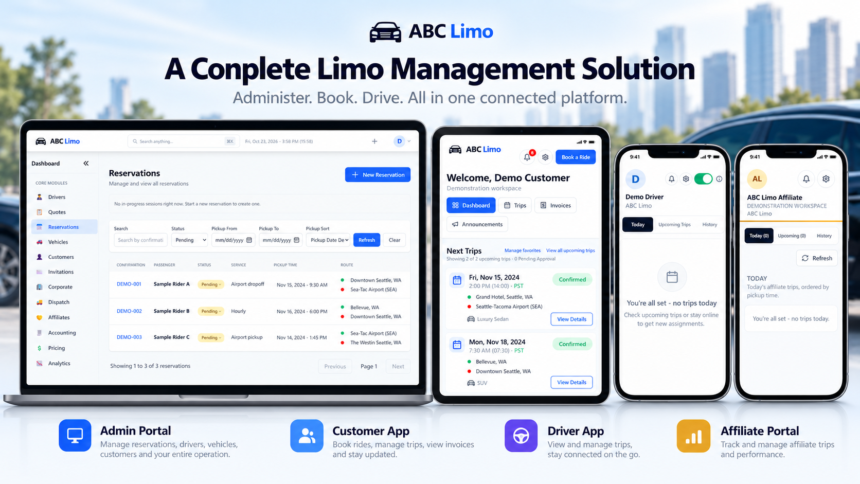 Illustrative ABC Limo composite showing the LimoDrop Admin Portal on a laptop and Customer, Driver, and Affiliate interfaces on mobile devices