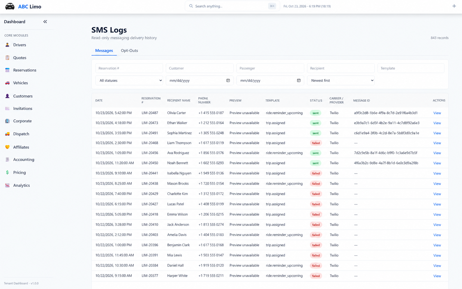 Illustrative ABC Limo SMS Logs workspace with fictional delivery records